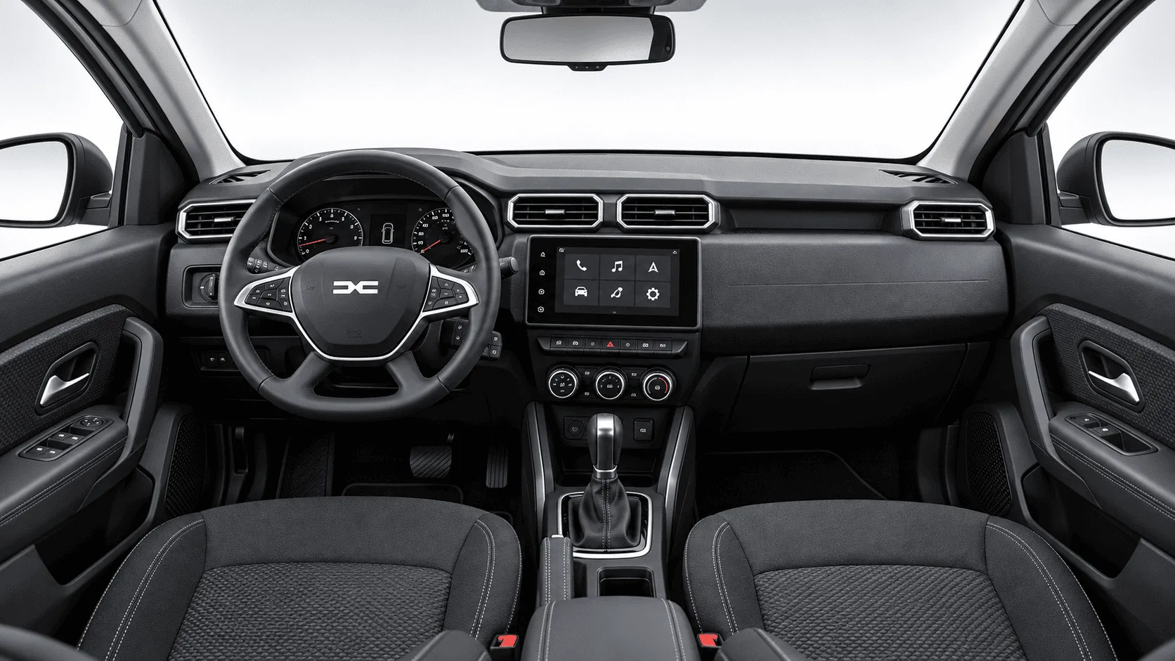 Dacia Duster Yeşil kiralık SUV iç mekânı — direksiyon, gösterge paneli ve dokunmatik ekran