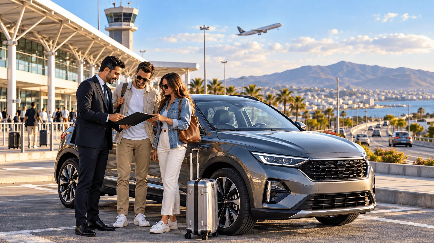 Havalimanı önünde kiralama sözleşmesini inceleyen çift ve kiralık SUV, arkada körfez manzarası
