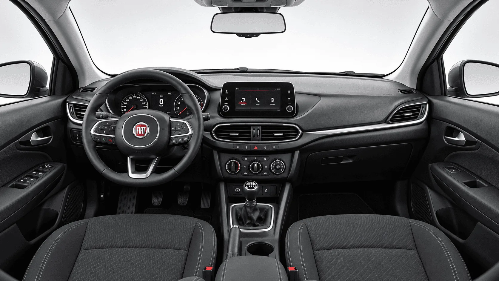 Fiat Egea Easy Gri kiralık araç iç mekânı — direksiyon, gösterge paneli ve orta konsol