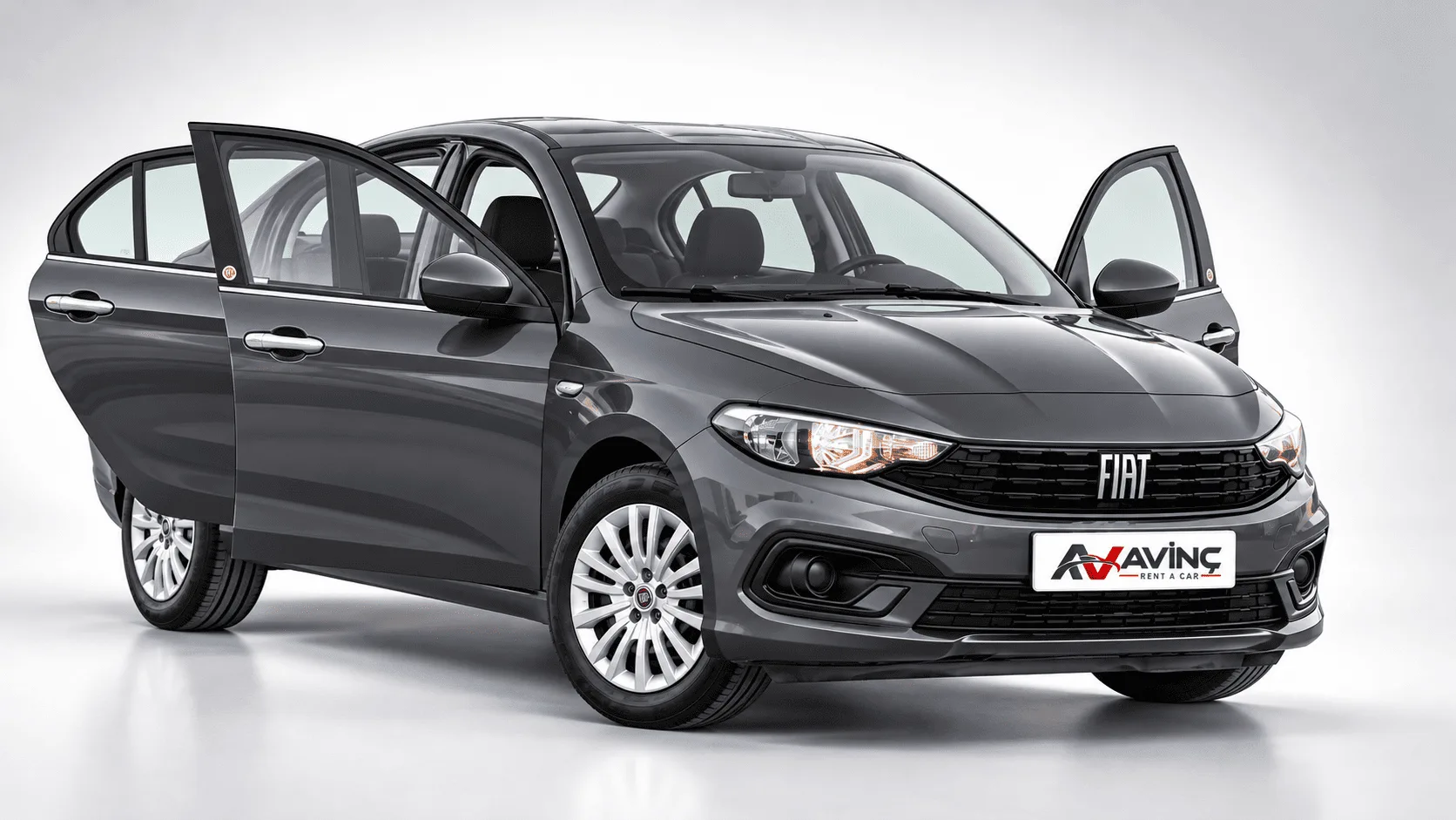Fiat Egea Easy Gri kiralık araç — kapıları açık ön çapraz görünüm