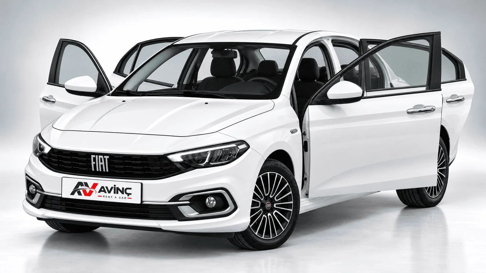 Fiat Egea Urban Beyaz kiralık araç — kapıları açık ön çapraz görünüm