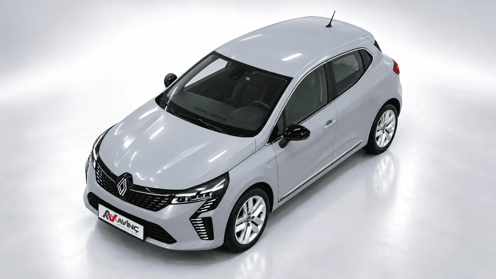 Renault Clio Gri kiralık araç — yukarıdan ön çapraz görünüm