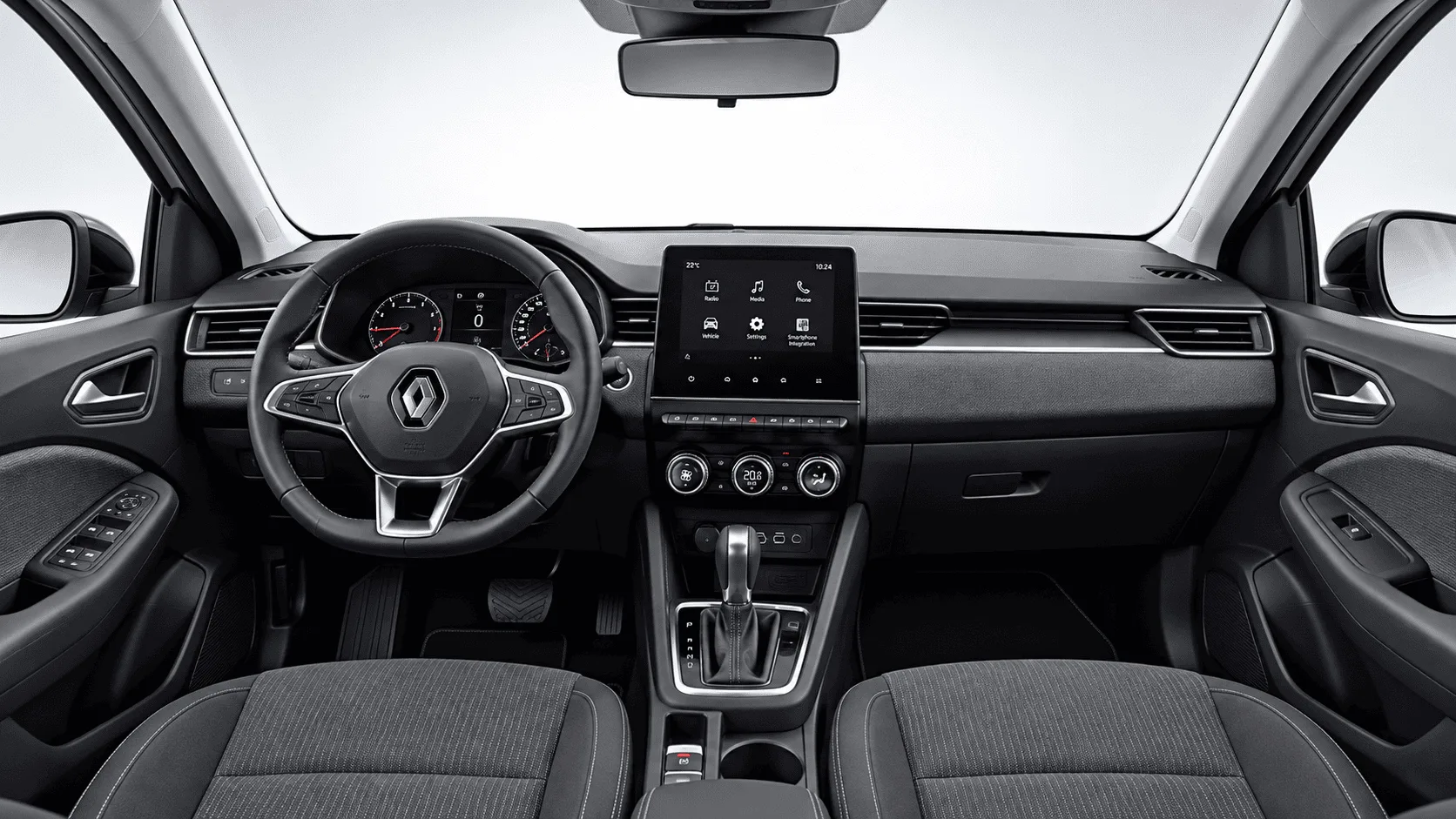 Renault Clio Gri kiralık araç iç mekânı — direksiyon, gösterge paneli ve otomatik vites konsolu