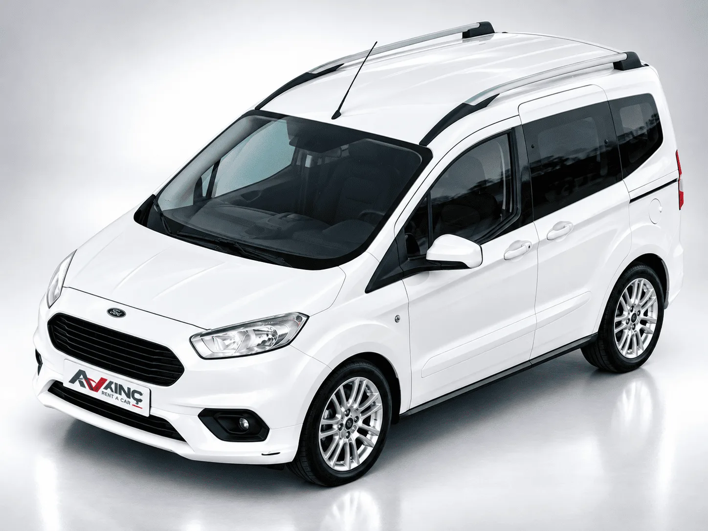 Ford Tourneo Courier Beyaz kiralık minivan — yukarıdan ön çapraz görünüm