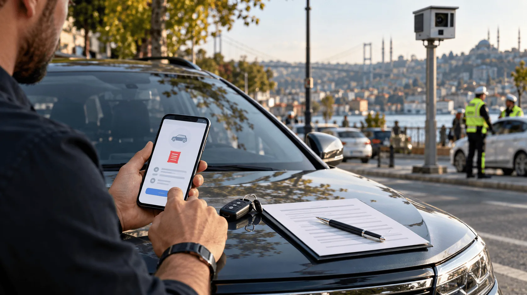 Aracın kaputunda telefondan trafik cezası sorgulayan sürücü, arkada hız kamerası ve trafik polisi