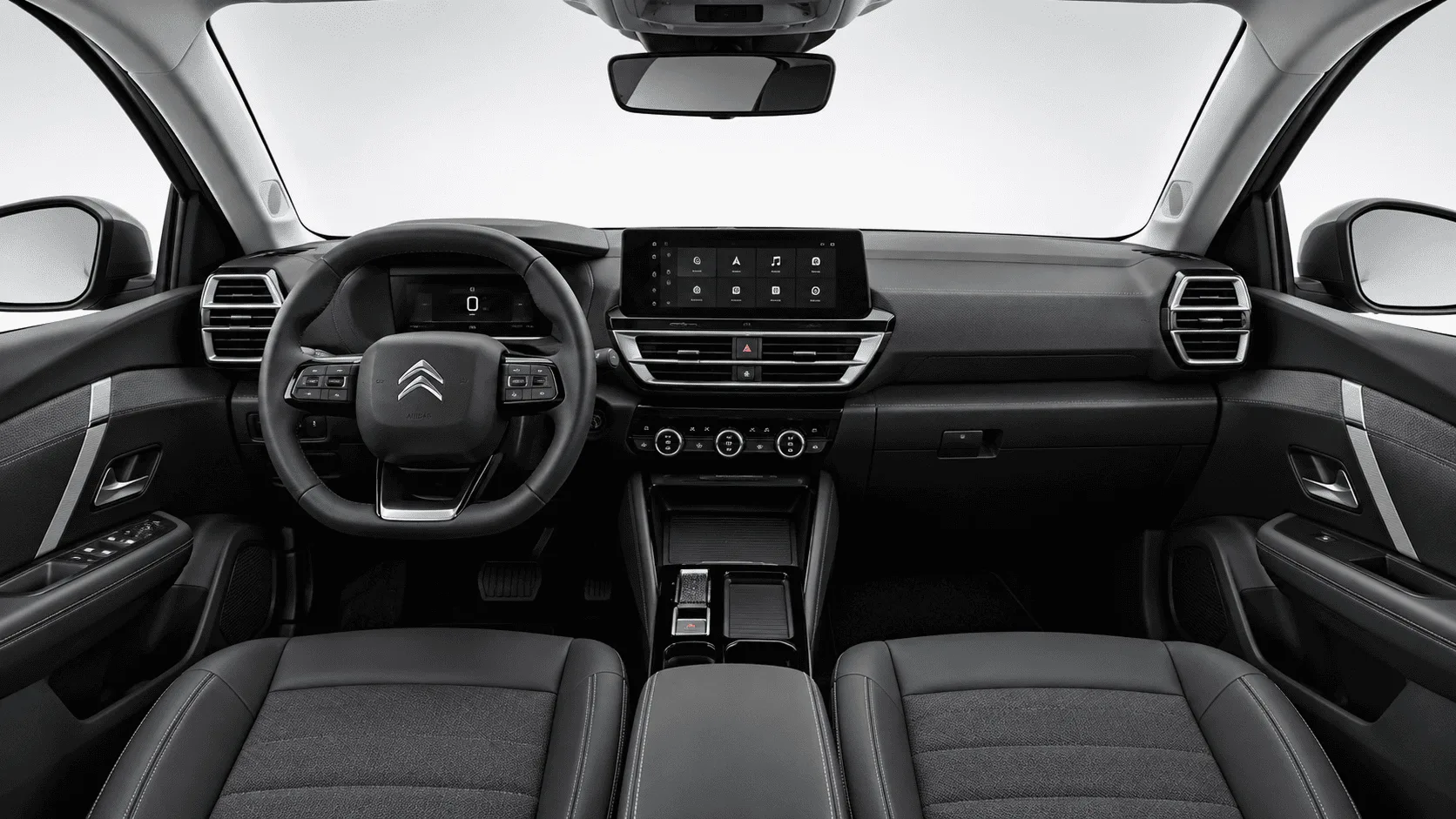 Citroen C4 X Yeşil kiralık araç iç mekânı — direksiyon, dijital gösterge ve otomatik vites konsolu