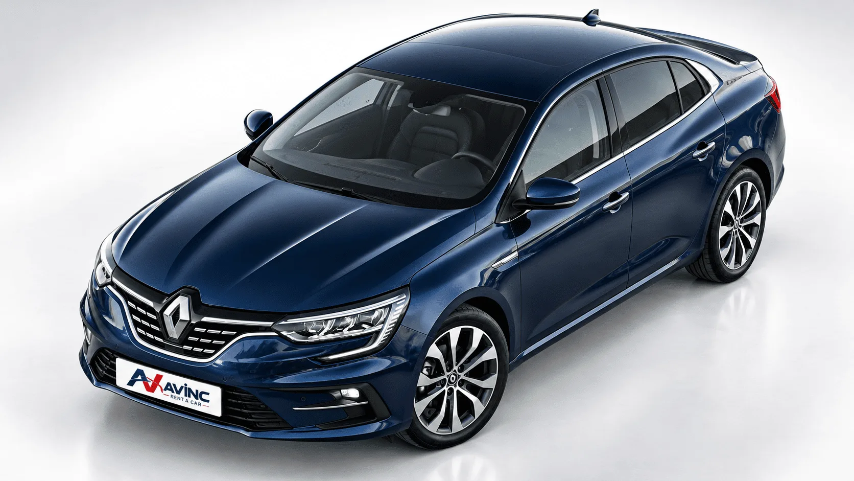 Renault Megane Lacivert kiralık araç — yukarıdan ön çapraz görünüm