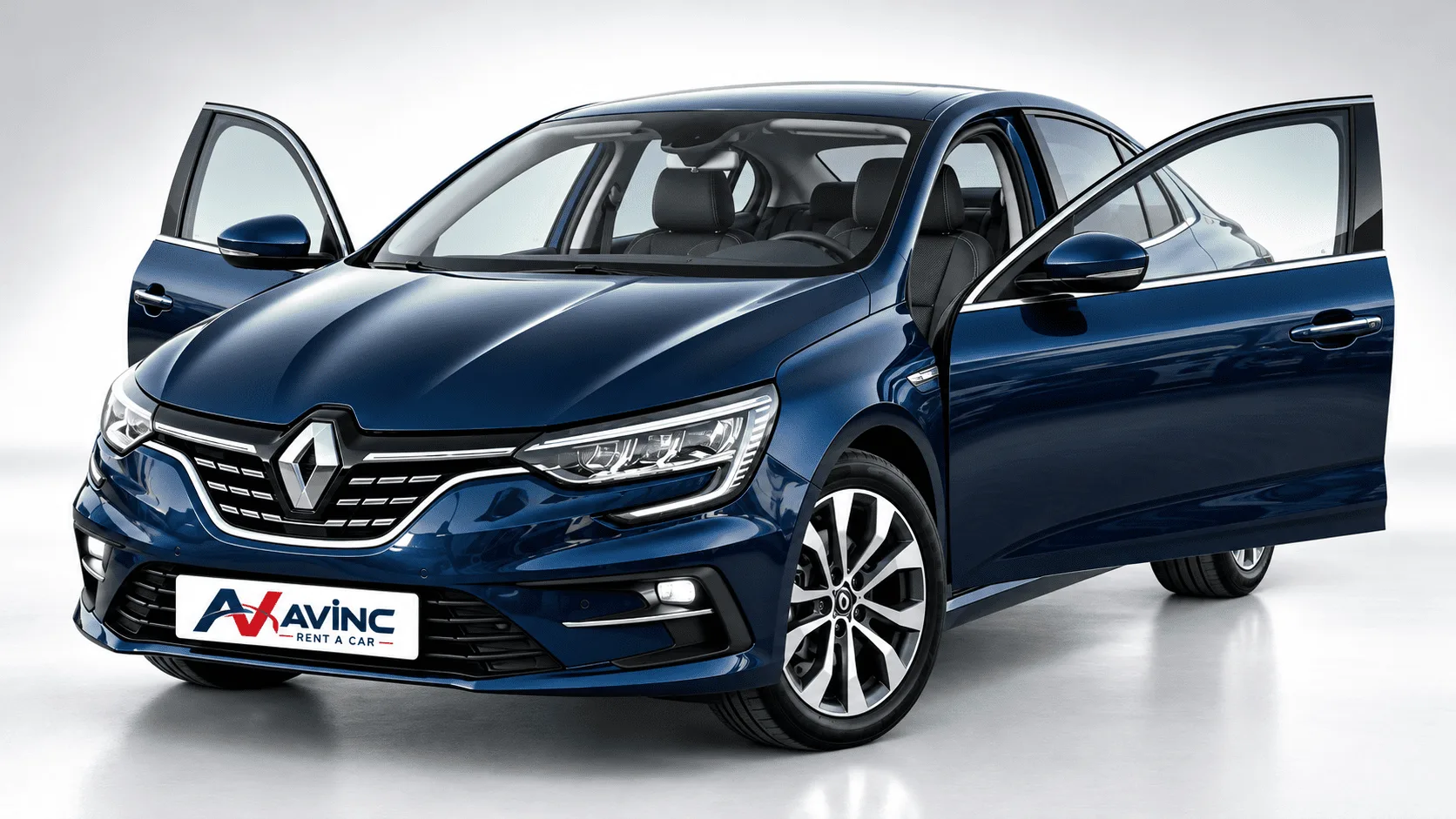 Renault Megane Lacivert kiralık araç — kapıları açık ön çapraz görünüm