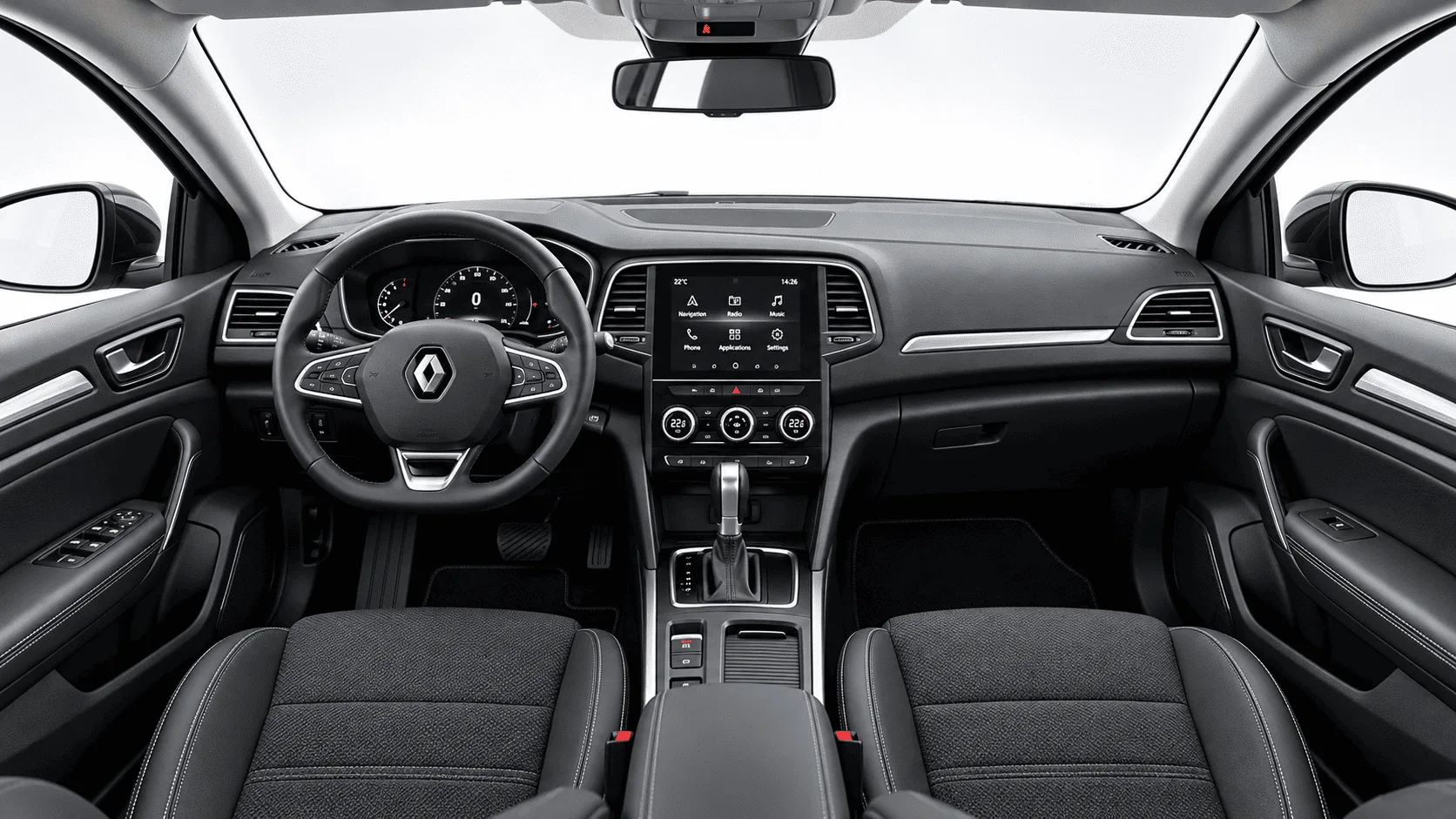 Renault Megane Lacivert kiralık araç iç mekânı — direksiyon, gösterge paneli ve otomatik vites konsolu